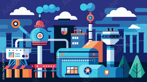 A futuristic rendering of an industrial complex emphasizing the integration of machine learning and advanced automation for streamlined