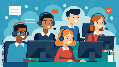 In a bustling call center employees are seen wearing headsets and using stateoftheart software to handle customer inquiries. The AIenabled photo