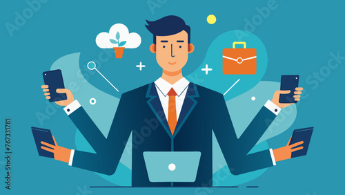 A sharpdressed businessman is seamlessly multitasking as he utilizes AI technology on his digital tablet to efficiently manage his business