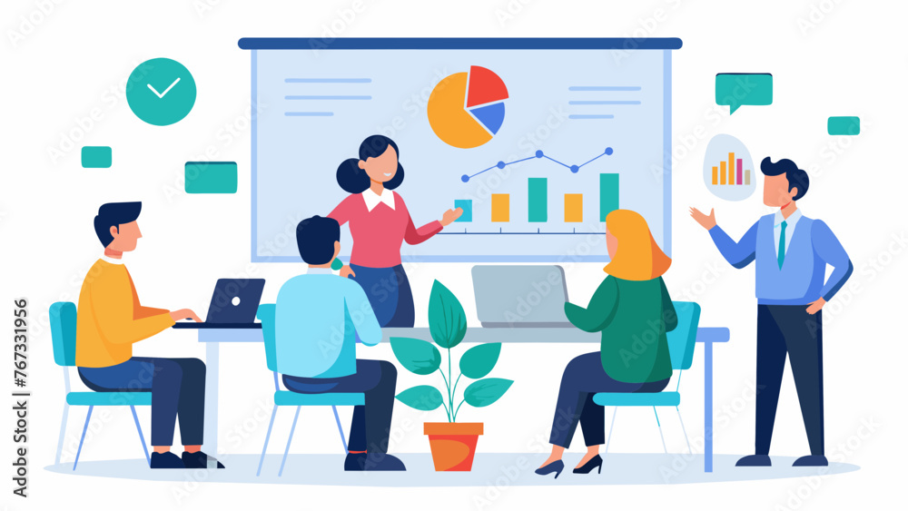 A professional meeting room with a whiteboard and charts where managers and employees engage in a constructive dialogue to discuss performance