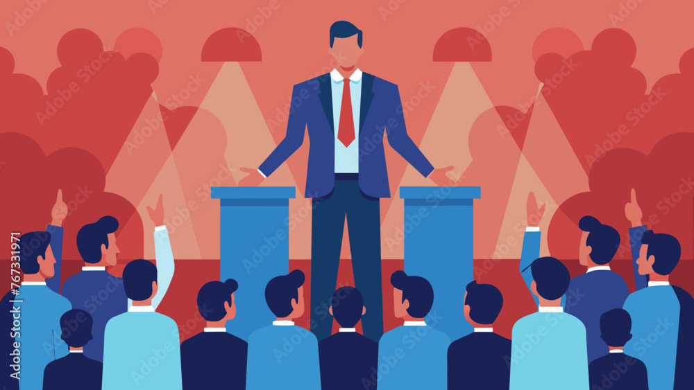 An exeive stands in front of a large audience delivering a powerful speech with confidence and conviction in their words. This represents a - obrazy, fototapety, plakaty 