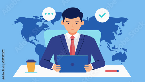 A businessman sitting at his desk making notes on a tablet while on a video call with potential international partners discussing the global