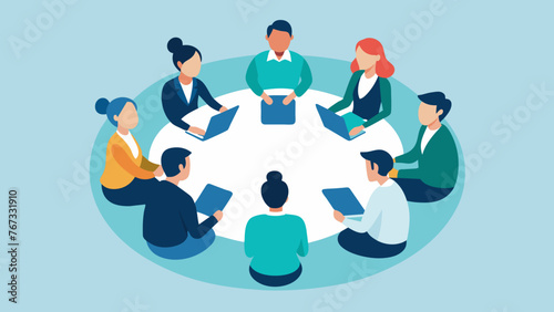 Dressed in business attire a group of colleagues sit in a circle brainstorming and strategizing new ways to improve their companys overall