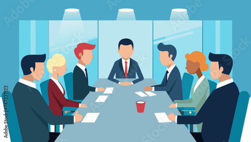 A team of highlevel professionals sit in a boardroom intently listening and debating different approaches to conquer their companys next big