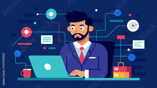 A determined businessman delving into a complex data flow his eyes fixed on the screen as he works to uncover valuable insights.