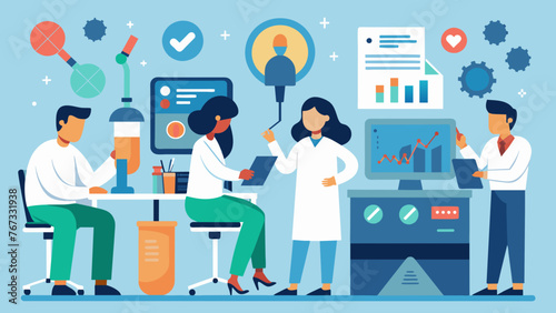A team of researchers in a laboratory setting carefully pouring over data sets and utilizing sophisticated software to identify key patterns