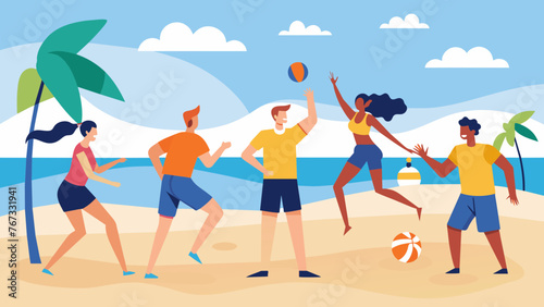 Employees participate in a friendly game of beach volleyball at a team building retreat enjoying some friendly competition and building photo