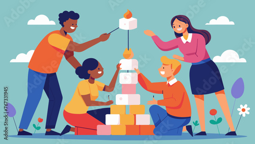A team of coworkers work together to build a tower out of marshmallows and toothpicks fostering creativity and problemsolving skills while