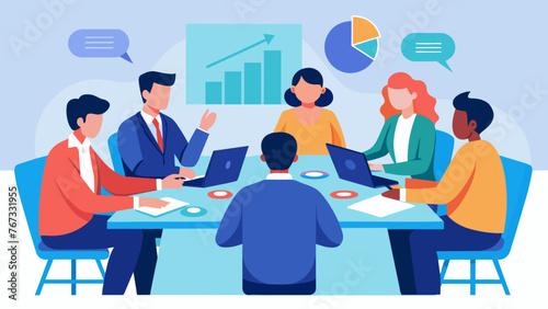 A group of business exeives gathered around a conference table analyzing and discussing a datadriven report on market trends and consumer