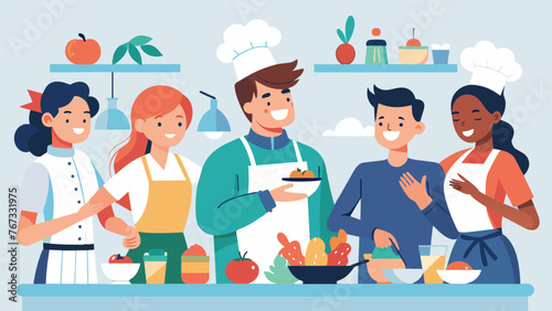 An image of employees participating in a cooking class together promoting team bonding and encouraging employees to take a break from work to