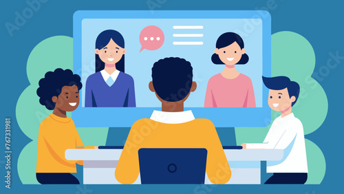 A customer service team huddled around a computer screen intently watching an online training module.