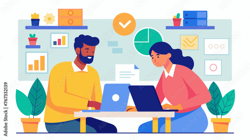 Two colleagues huddle together in a bustling office strategizing and brainstorming ideas on how to effectively implement agile odologies into Two colleagues huddle together in a bustling office strategizing and brainstorming ideas on how to effectively implement agile odologies into