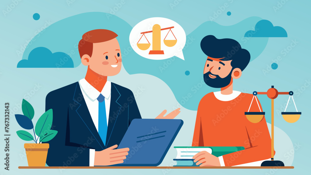 A business owner and their attorney engage in a productive discussion as the attorney offers valuable legal advice and insight to help the A business owner and their attorney engage in a productive discussion as the attorney offers valuable legal advice and insight to help the