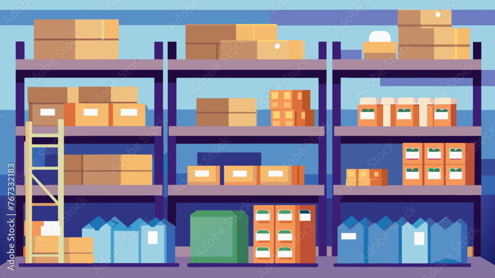 A warehouse with shelves stacked high with neatly packaged products showcasing the importance of efficient and organized distribution in A warehouse with shelves stacked high with neatly packaged products showcasing the importance of efficient and organized distribution in