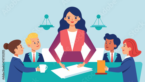 Standing at a large conference table a female CEO confidently presents a legal document to her team. Her poised confidence exudes her thorough
