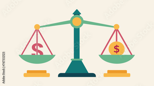 An intricate balance scale is portrayed featuring a row of dollar bills perfectly balanced with a gavel on the opposite side highlighting the