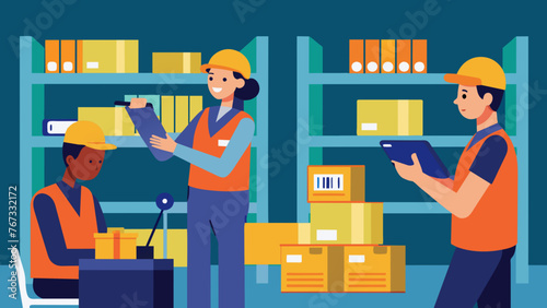 A photo of workers using handheld barcode scanners to track and monitor the movement of goods throughout the warehouse highlighting the