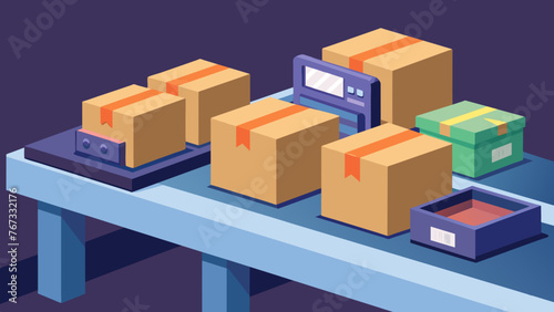 A closeup shot of a sleek and modern packaging station where orders are carefully wrapped and labeled before being sent off for delivery.
