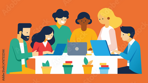 A diverse group of busy professionals are shown collaborating around a table representing the need for teamwork and adaptability in the current