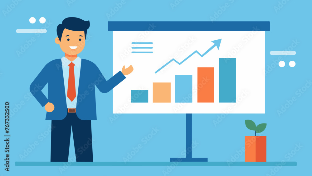 A businessman standing in front of a projection screen highlighting the positive ROI results from the latest company investments in a A businessman standing in front of a projection screen highlighting the positive ROI results from the latest company investments in a