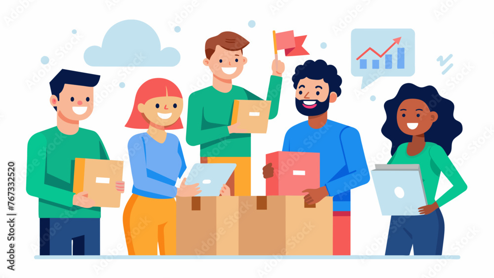 A smiling team of marketers eagerly unpack boxes filled with the latest marketing tools. The caption reads Stay ahead of the competition with A smiling team of marketers eagerly unpack boxes filled with the latest marketing tools. The caption reads Stay ahead of the competition with