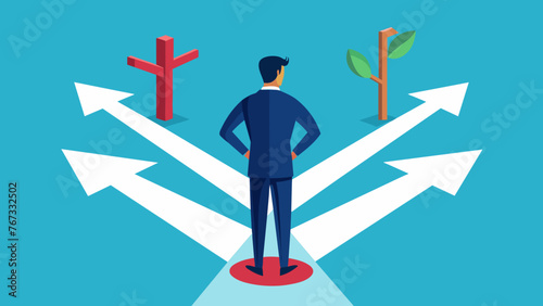 A businessman stands at a crossroads considering the various paths he could take for his companys future growth while a virtual display shows photo