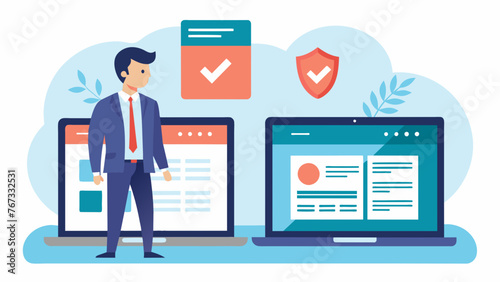 A laptop screen displays a split screen of two insurance websites as a business owner does research to determine the best option for their