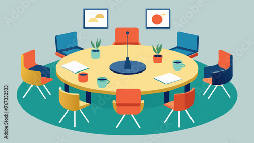 A meeting room featuring a large round table and chairs versus a smaller square table surrounded by standing desks showcases the diverse