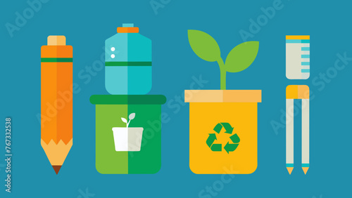 An overhead shot of two office supply sets one made from biodegradable materials and the other from traditional plastic emphasizing the