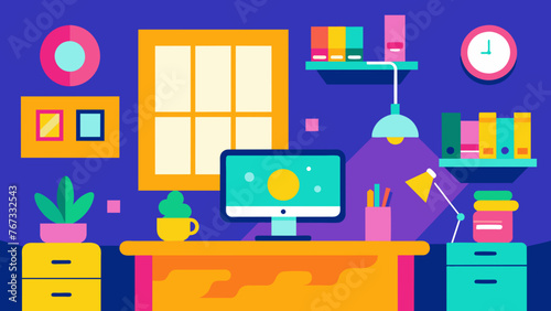 A brightly lit home office with bright and colorful supplies on display. The image suggests an inviting and creative space for remote workers