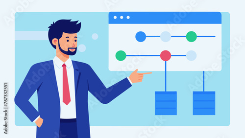 A businessman confidently presents his teams goal mapping project timeline and milestones in a sleek and professional presentation showcasing