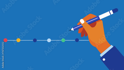 A closeup shot of a hand holding a pen as it carefully marks off completed milestones on a colorful and detailed project timeline showcasing