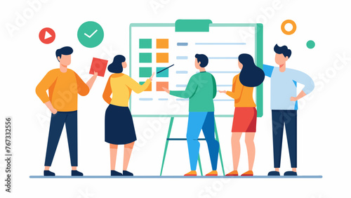 A group of professionals gather around a large whiteboard intently discussing and planning their next steps for a business analytics project.
