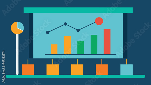 In a conference room a projector displays a visually engaging graph tracking the progress of a business analytics project. The timeline is