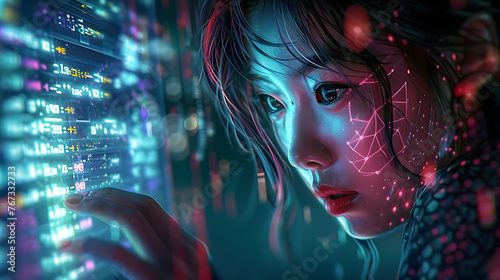 Cyberpunk asian girl with laptop and binary code. photo