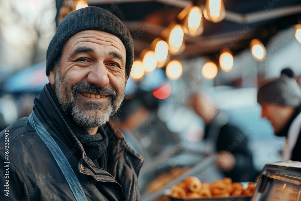 A street vendor selling food, his face friendly and inviting. Close-up.