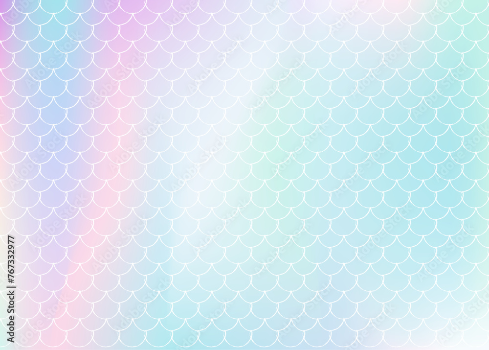 Mermaid scales background with holographic gradient. Bright color transitions. Fish tail banner and invitation. Underwater and sea pattern for girlie party. Pearlescent backdrop with mermaid scales.