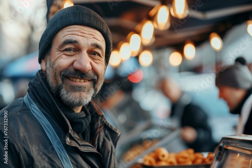 A street vendor selling food, his face friendly and inviting. Close-up.