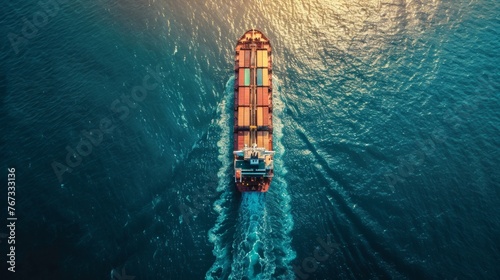 Aerial view of a cargo ship in the ocean, sunlight shimmering on water.