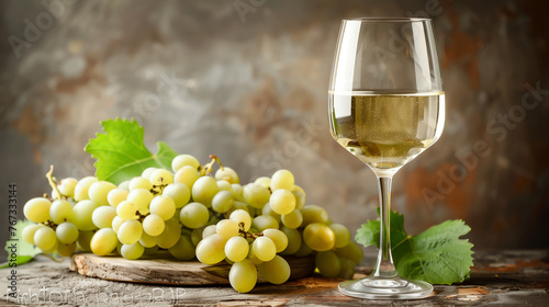 White wine and grapes on wooden table