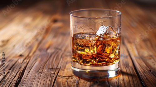 Glass of whiskey on wooden table