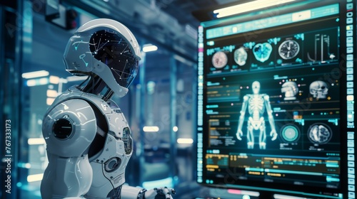 Futuristic robot in a lab analyzing data, AI and technology concept.
