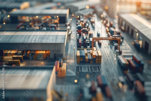 Twilight over industrial port, cranes towering over stacked shipping containers, trucks in motion, tilt-shift focus. photo
