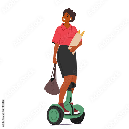 Woman Maneuvers A Hoverboard Effortlessly, A Grocery Bag Balanced In One Hand, Black Female Character Gliding Smoothly