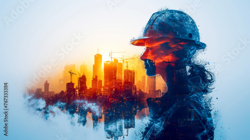 Double exposure building construction, civil engineering project manager worker working with modern civil equipment technology, architect people, or construction workers working. photo