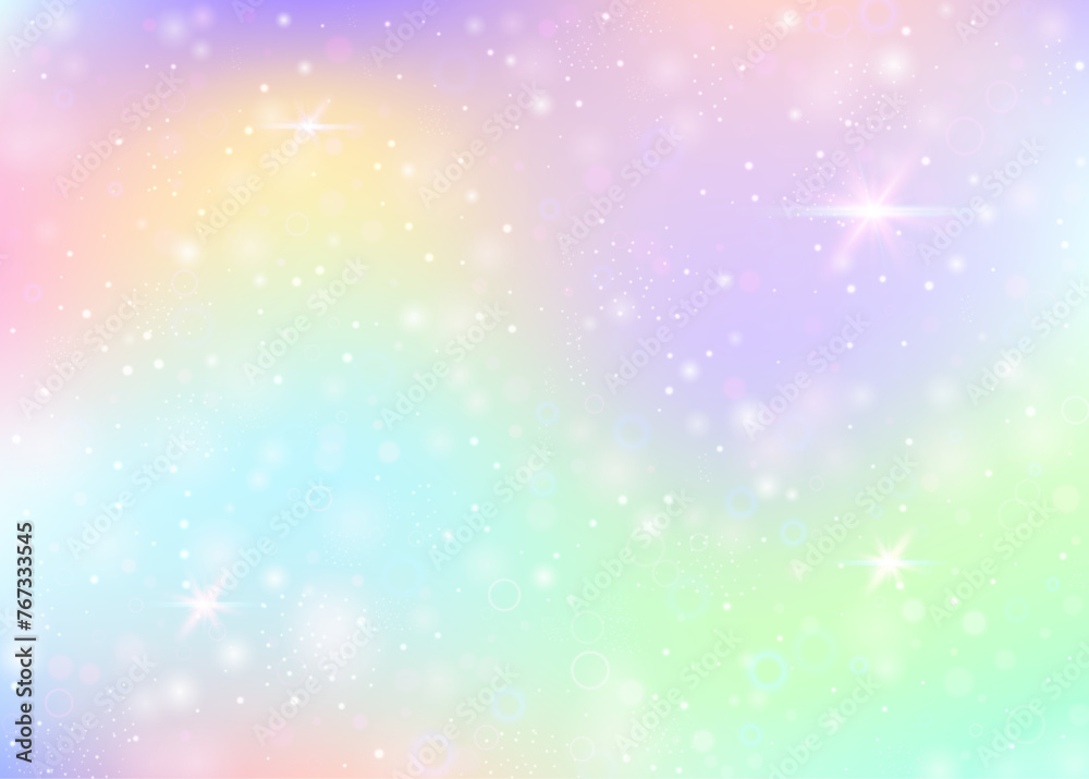 Holographic background with rainbow mesh. Cute universe banner in princess colors. Fantasy gradient backdrop with hologram. Holographic magic background with fairy sparkles, stars and blurs. Holographic background with rainbow mesh. Cute universe banner in princess colors. Fantasy gradient backdrop with hologram. Holographic magic background with fairy sparkles, stars and blurs.