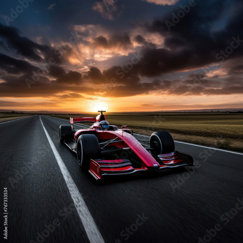 Une voiture de course rouge roulant sur une route de campagne au coucher du soleil, image avec espace pour texte.