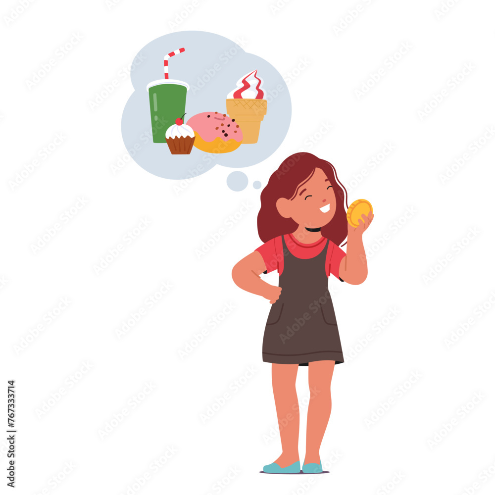 Little Girl Clutches A Coin Tightly, Her Eyes Sparkling With Dreams Of Exchanging It For A Rainbow Of Sweets At Store Little Girl Clutches A Coin Tightly, Her Eyes Sparkling With Dreams Of Exchanging It For A Rainbow Of Sweets At Store