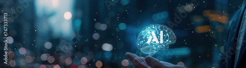 Homme d'affaires tenant un hologramme représentant un cerveau numérique et un concept de technologie d'intelligence artificielle sur un fond sombre, image avec espace pour texte.