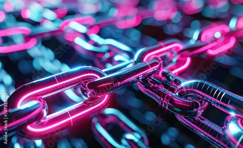 Fond numérique présentant des chaînes avec des lumières néon roses et bleues, créant une atmosphère de technologie futuriste et de cybersécurité dans le style de rendu 3D.